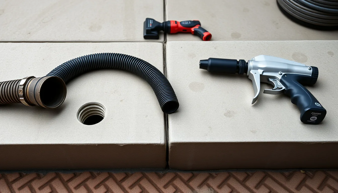 Side-by-side comparison of a mudjacking slurry pump and a polyurethane foam injection rig lifting a sunken concrete slab in a Denver-metro driveway