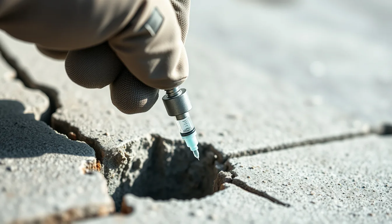 Technician injecting epoxy resin into a structural crack in a Denver metro concrete driveway slab