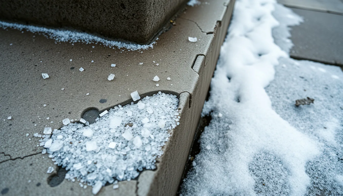 Close-up of de-icing salt scaling damage on a Denver metro concrete driveway with exposed aggregate