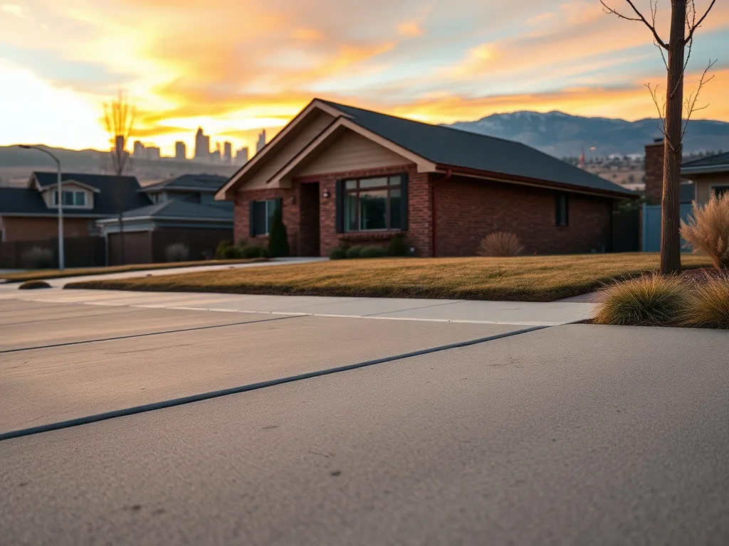 Denver-metro suburban street with level concrete driveways and sidewalks